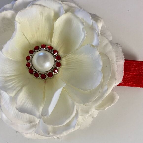 Christmas White Flower Headband Red Rhinestone Pearl Center Holiday Girls Baby - Picture 3 of 7